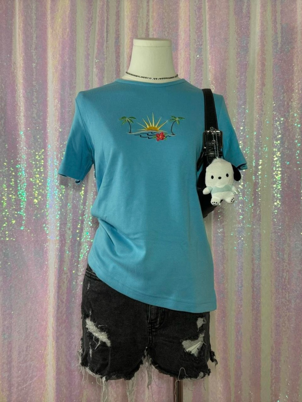 Classic Elements Light Blue Y2K Embroidered Summer Beach Tee ★彡